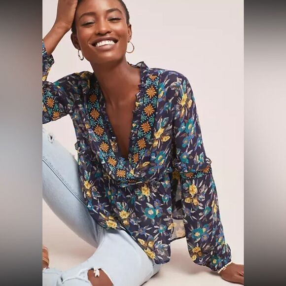 Meadow Rue Strasser Embroidered Peasant Blouse Small Blue Anthropologie XXS - Picture 10 of 13